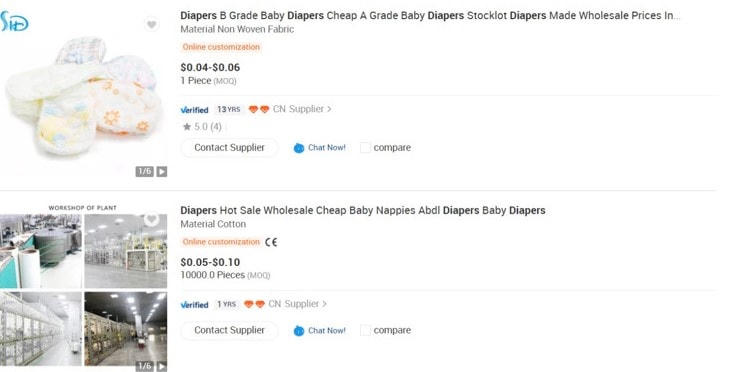 Các xưởng sản xuất Trung Quốc nhận gia công bỉm với giá rất rẻ (Ảnh chụp từ alibaba.com).