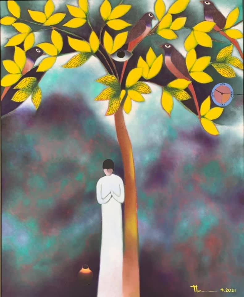 Một bức tranh mới được nhà thơ – họa sĩ Nguyễn Quang Thiều hoàn thành (chất liệu sơn dầu trên toan, khổ 90 x 110cm).  