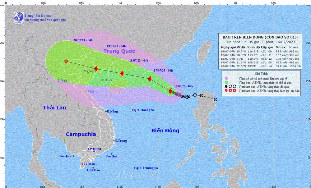 Sơ đồ đường đi của cơn bão. (Nguồn: Trung tâm Dự báo Khí tượng Thủy văn).