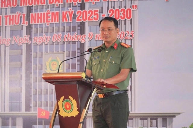 Đại tá Hồ Song Ân, Giám đốc Công an tỉnh Quảng Ngãi phát biểu tại lễ khánh thành. Ảnh: CV.