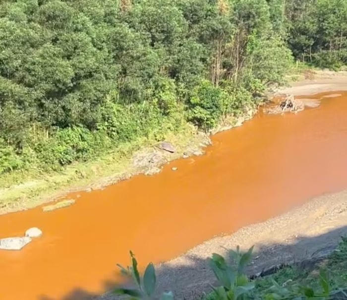 Dòng suối Nậm Huống đoạn chảy qua xã Châu Hồng (Nghệ An) xuất hiện màu đỏ từ đêm và sáng 6/9. Ảnh: CSCC