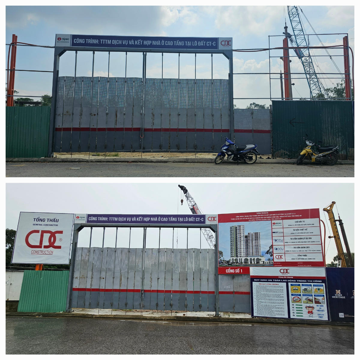 Tại vị trí cổng ra vào công trình Trung tâm thương mại dịch vụ và kết hợp nhà ở cao tầng tại lô đất CT-C (toà S - Signature), bảng thông tin về chủ đầu tư, tư vấn thiết kế, tư vấn quản lý dự án, tổng thầu,... được treo trước đó đã bị tháo dỡ. Ảnh dưới chụp ngày 18/8, ảnh trên chụp ngày 15/9. Ảnh: Quốc Thanh.