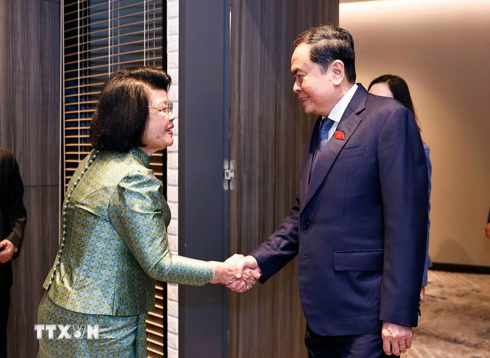 Chủ tịch Quốc hội Trần Thanh Mẫn gặp Chủ tịch Quốc hội Campuchia Samdech Maha Rathsaphethika Thipadei Khuon Sudary. (Ảnh: Doãn Tấn/TTXVN)