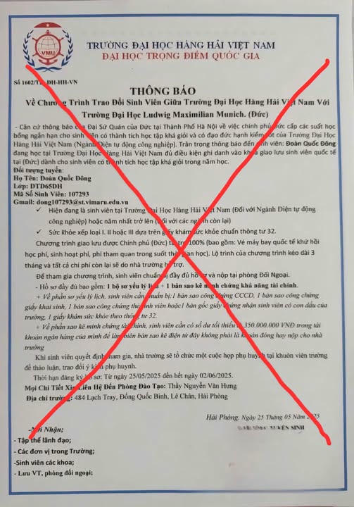 Văn bản giả mạo của Trường Đại học Hàng Hải Việt Nam. Ảnh: CTV.