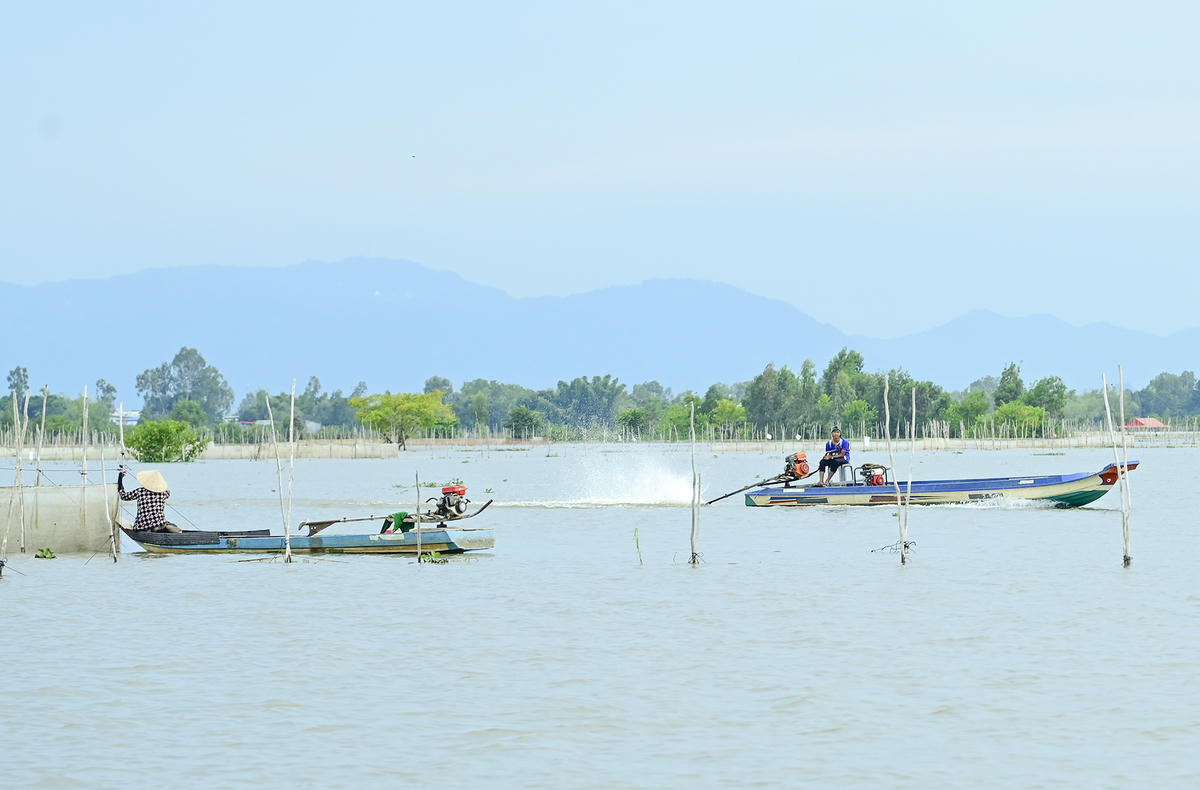 Dù có nhiều vất vả nhưng trên những cánh đồng mênh mông nước vẫn có nhiều
người cần lao tìm sản vật, tạo nên bức tranh vùng biên thật yên bình, thơ mộng. Ảnh Nguyễn Minh