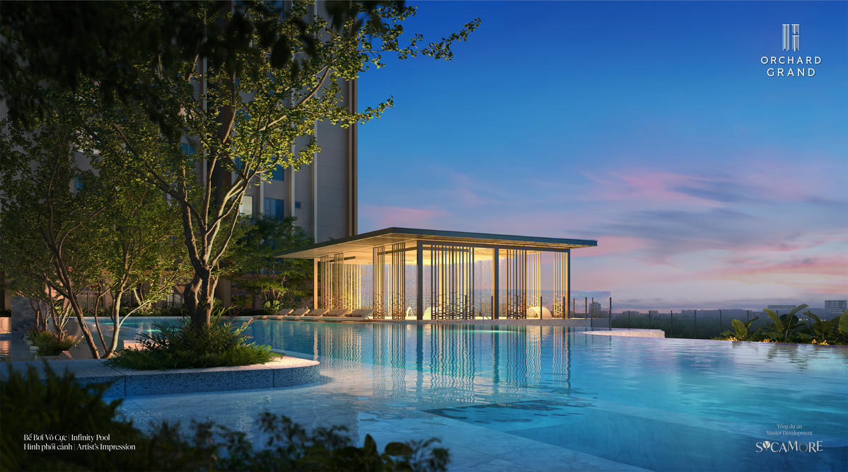 Mảng xanh và mặt nước hài hòa tạo nên một dòng chảy xuyên suốt trong hệ tiện ích tại Orchard Grand.