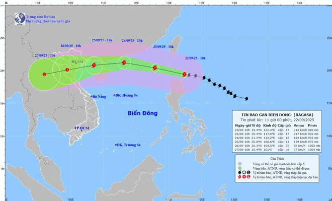 Cập nhật vị trí và đường đi của bão Ragasa vào 11h ngày 22/9. Nguồn: Trung tâm Dự báo Khí tượng Thủy văn Quốc gia