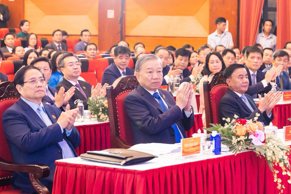 Tổng Bí thư Tô Lâm, Thủ tướng Phạm Minh Chính, Thường trực Ban Bí thư Trần Cẩm Tú dự Đại hội. Ảnh: Quang Vinh. 