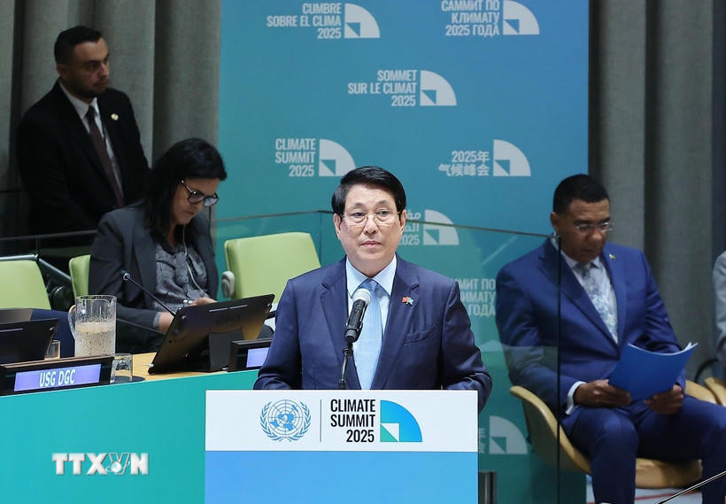 Chủ tịch nước Lương Cường phát biểu tại sự kiện cấp cao toàn cầu đặc biệt về Hành động khí hậu. (Ảnh: Lâm Khánh/TTXVN).