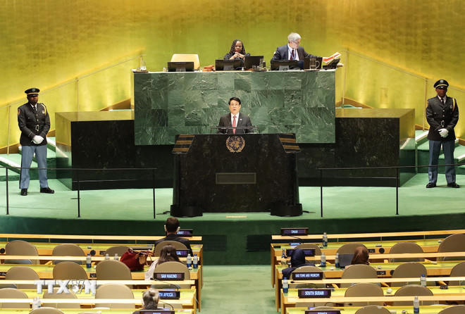 Chủ tịch nước Lương Cường phát biểu tại Phiên Thảo luận chung cấp cao Đại hội đồng Liên hợp quốc Khóa 80. (Ảnh: Lâm Khánh/TTXVN)