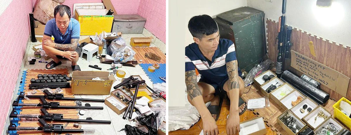 Đối tượng Ngô Văn Huỳnh, Ngô Văn Trọng cùng tang vật bị thu giữ. Ảnh: CAHT