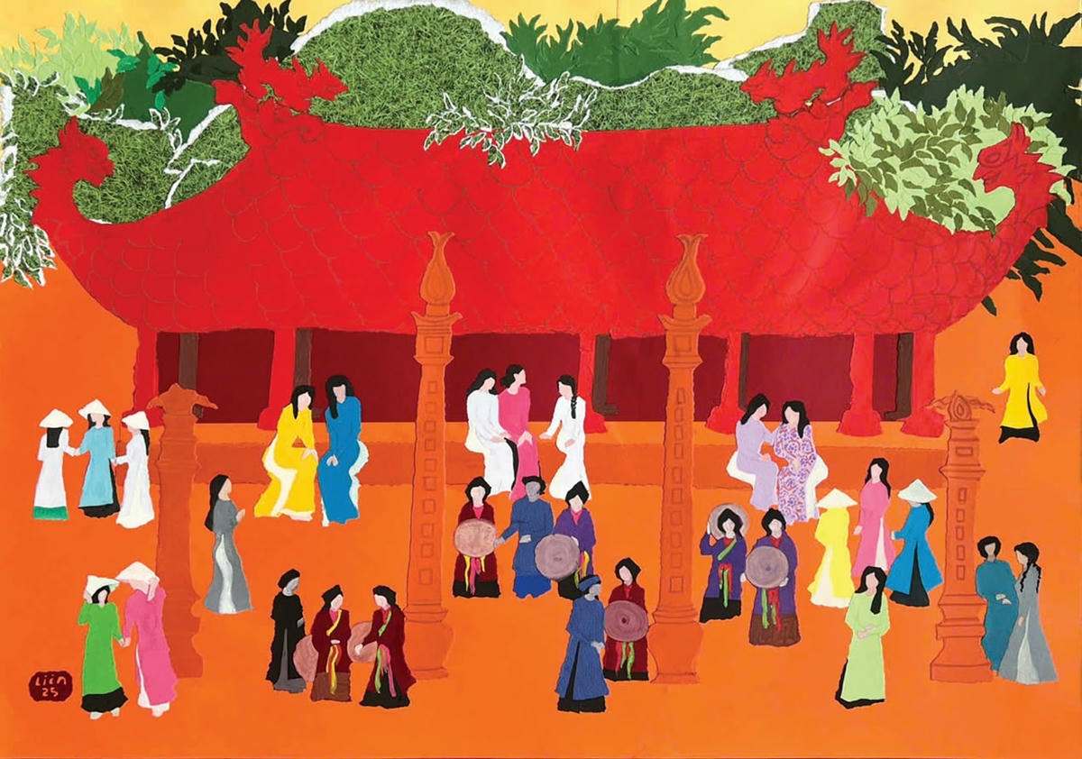 Tác phẩm “Hội làng” (tranh xé giấy - Hoàng Phương Liên).