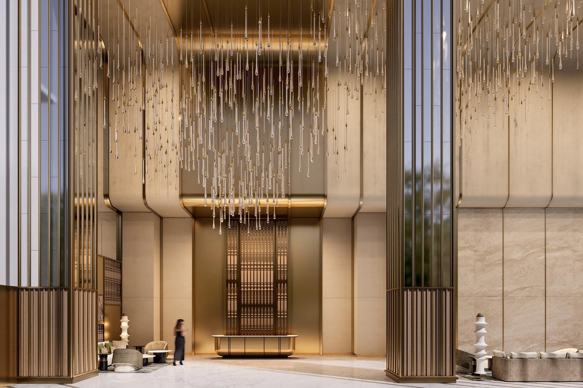 Sảnh đón căn hộ cao 14m, ốp đá cao cấp mang đến không gian bề thế, sang trọng. Ảnh: Sun Property.