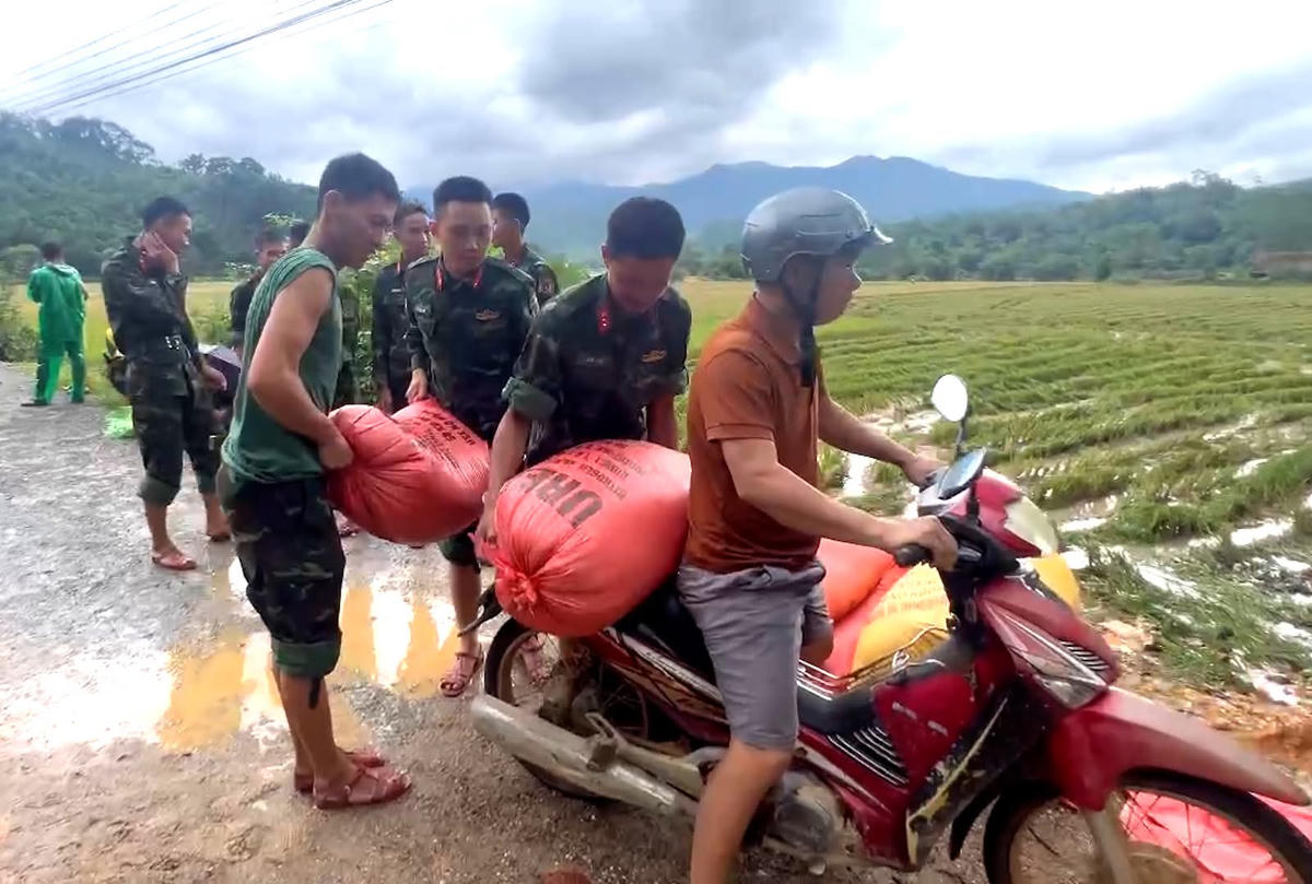 Bộ đội Thanh Hóa hỗ trợ người dân thu hoạch, vận chuyển lúa để tránh bão số 10. Ảnh: Lính xứ Thanh