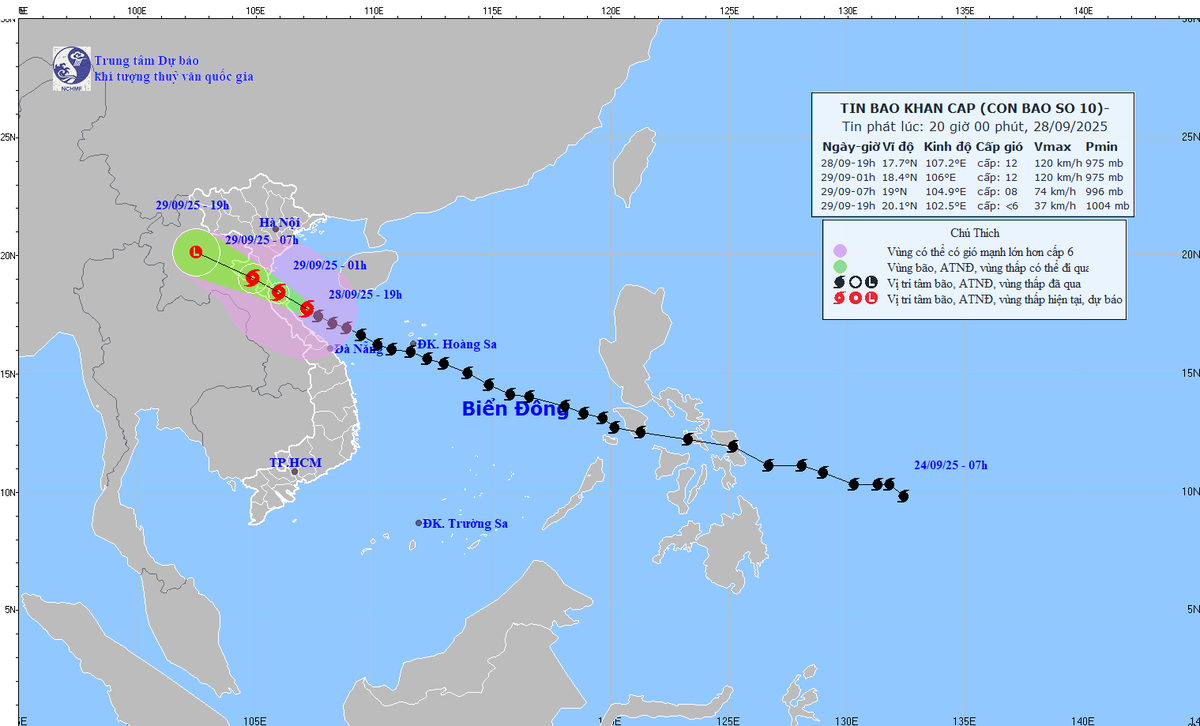 Bão số 10 dự báo sẽ gây mưa to ở Hà Nội từ tối 28/9 đến 30/9. Trong ảnh: Dự kiến đường đi của bão- Ảnh: TT Khí tượng thủy văn quốc gia