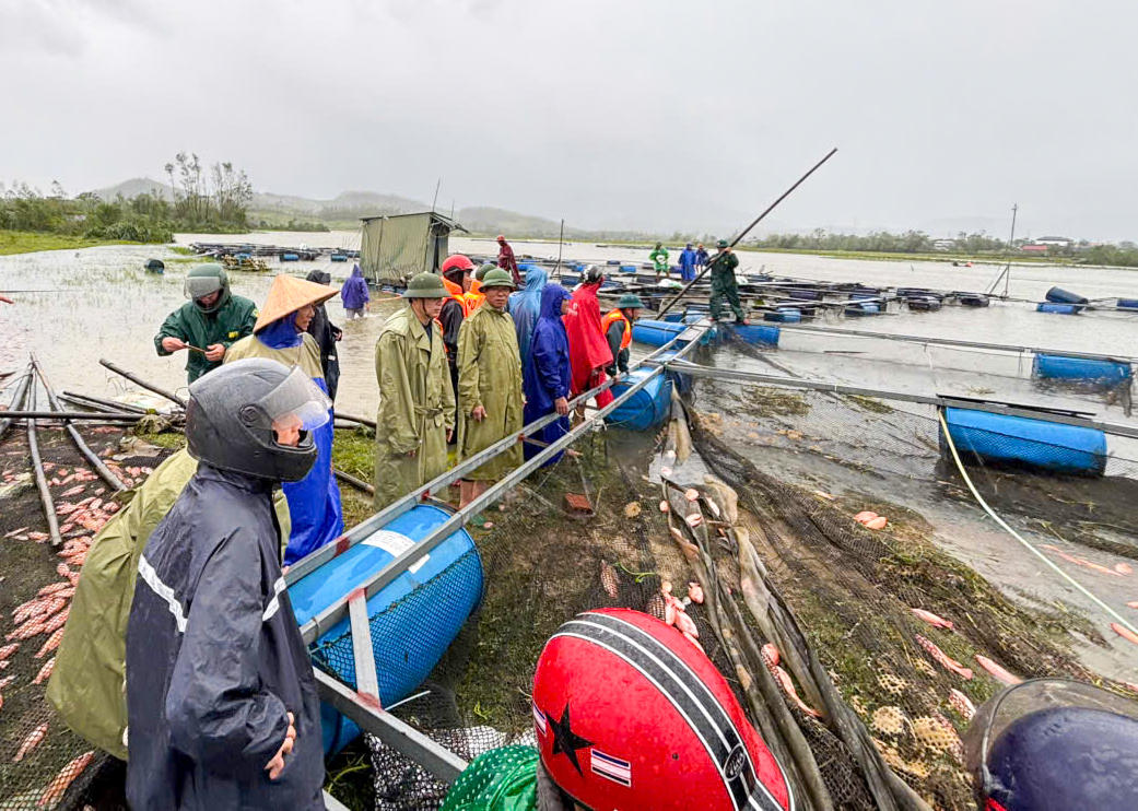 Mưa lớn kèm gió giật mạnh trong đêm khiến hồ nuôi của hộ ông Phạm Anh Tuấn bị sóng đánh tràn.