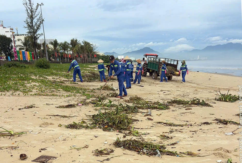 Công nhân dọn rác đường Nguyễn Tất Thành. Ảnh: Nguyễn Tú.