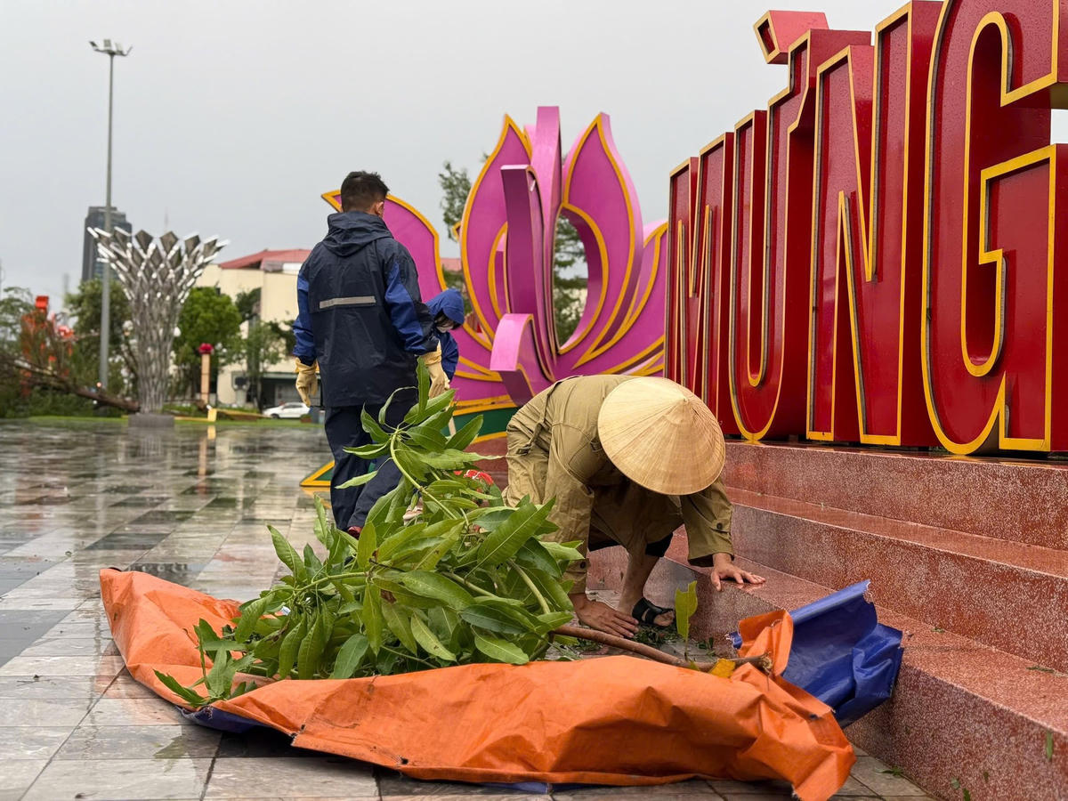 Lực lượng đoàn viên, thanh niên Hà Tĩnh dọn dẹp sau bão số 10 chuẩn bị cho Đại hội Đảng bộ tỉnh lần thứ XX. Ảnh: HN.
