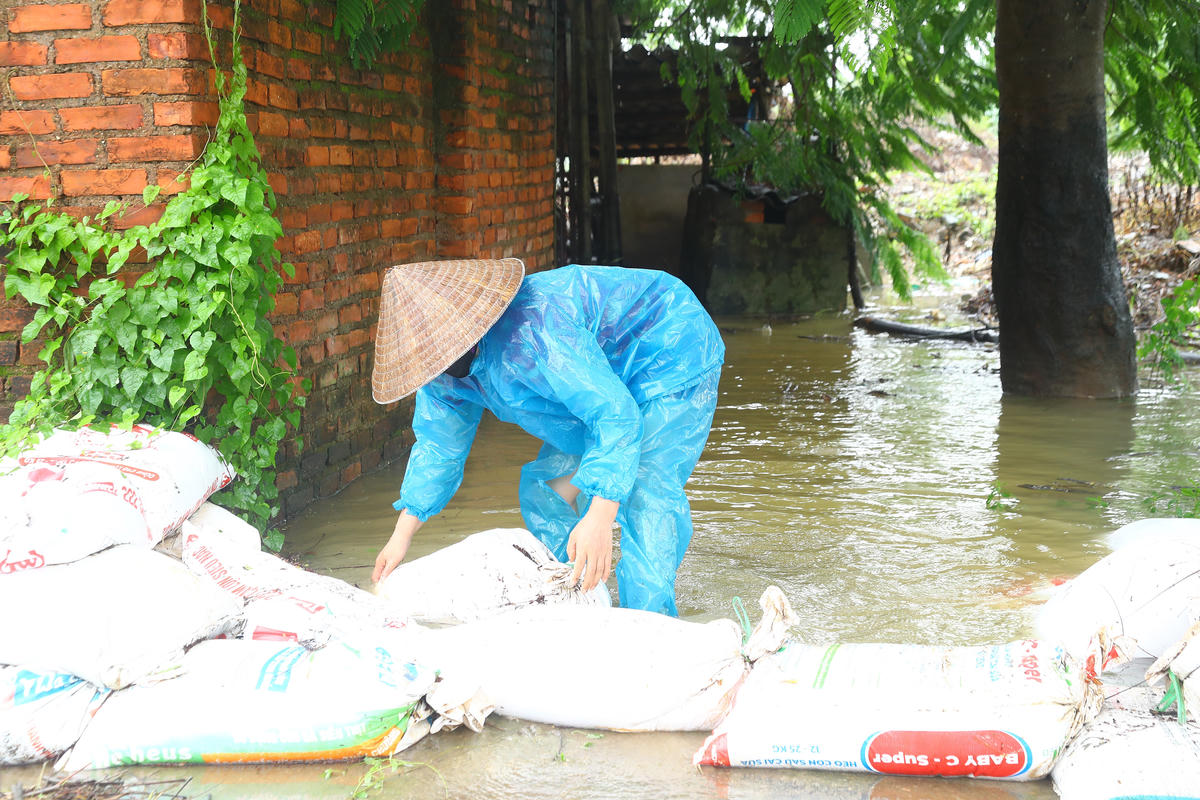 Người dân bê những bao tải cát để đắp đê.