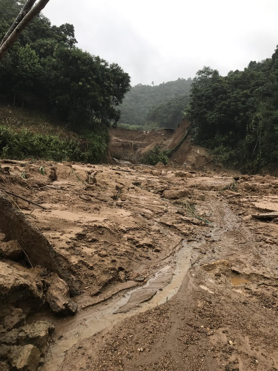 Hiện trường vỡ bờ ao khiến 4 người ở xã Bảo Thắng bị thương vong. Ảnh: Đại Long.