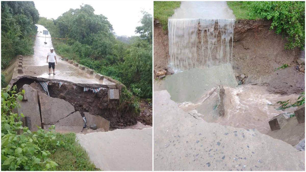 Cống thoát nước trên đường liên thôn A Ngo - A Đeng, xã La
Lay bị sập, gây chia cắt giao thông. Ảnh: ĐN.