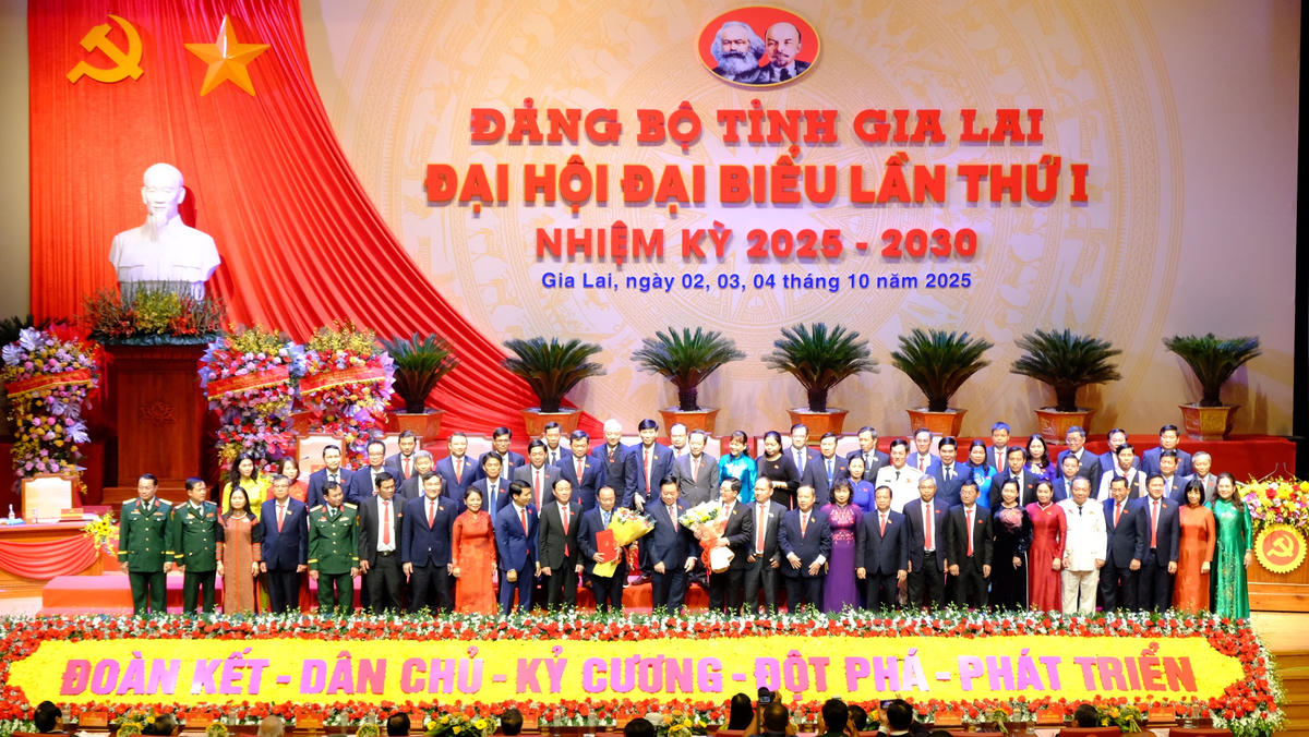 Ủy viên Bộ Chính trị, Bí thư Trung ương Đảng, Trưởng Ban Tuyên giáo và Dân vận Trung ương Nguyễn Trọng Nghĩa trao quyết định cho tân Bí thư Tỉnh ủy Gia Lai Thái Đại Ngọc (ở giữa). Ảnh: Chí Đại.