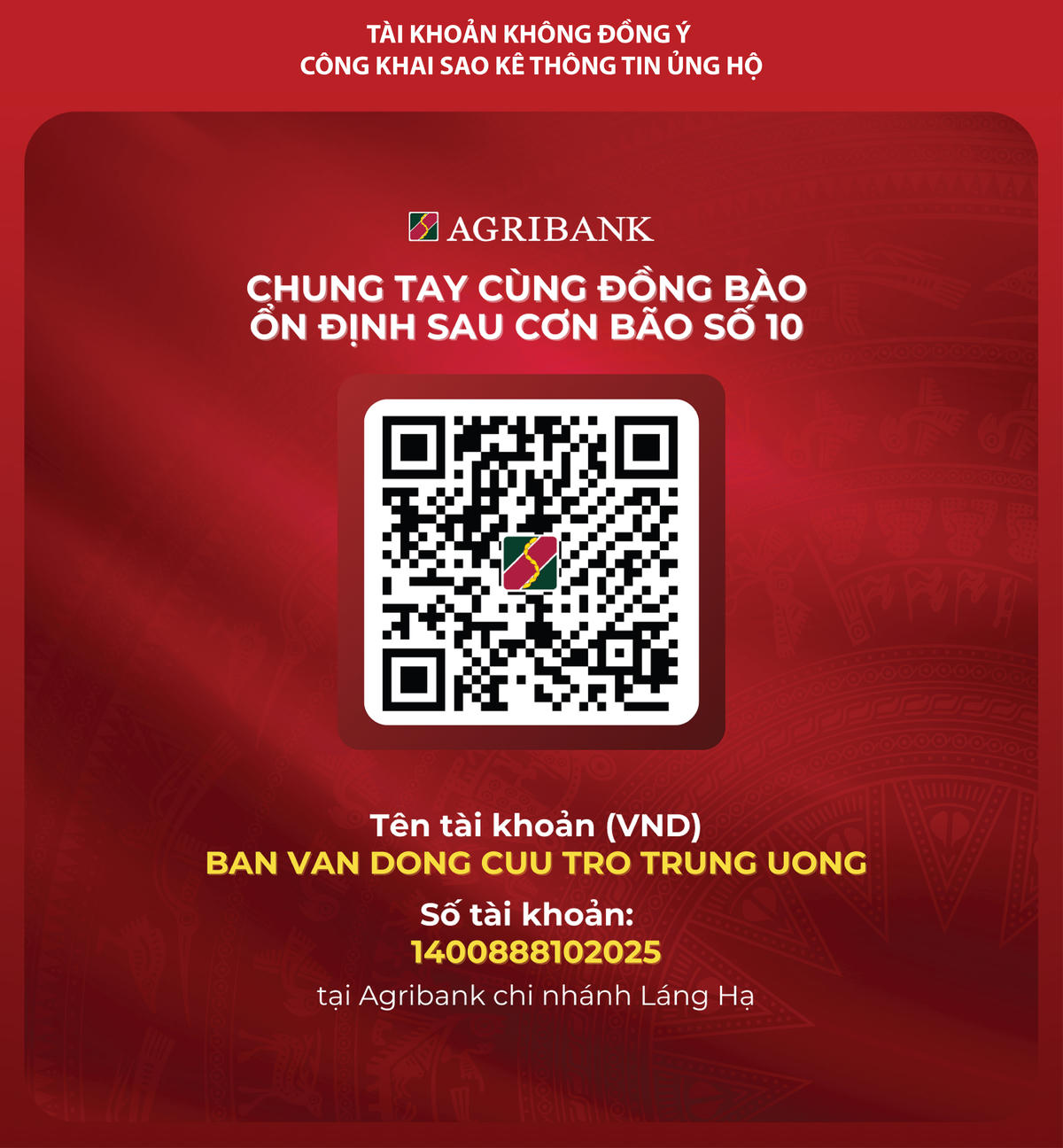 UBTƯ MTTQ Việt Nam thông tin số tài khoản tại Agribank tiếp nhận ủng hộ đồng bào chịu thiệt hại do bão số 10