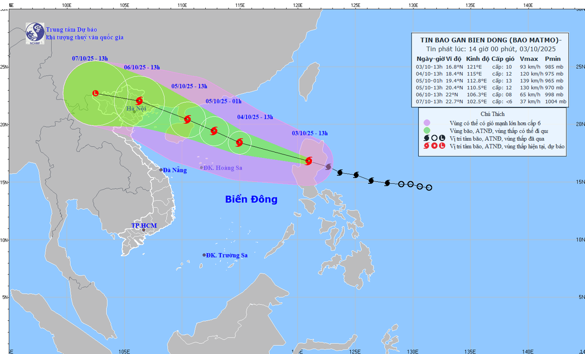 Dự báo hướng đi của bão MATMO. Ảnh: Trung tâm Dự báo Khí tượng Thủy văn Quốc gia