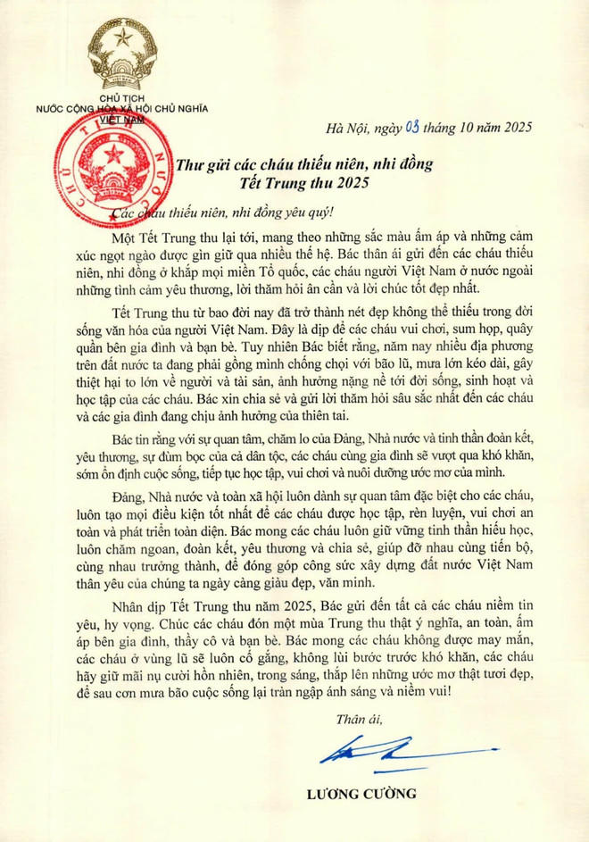 Chủ tịch nước gửi Thư chúc Tết Trung thu 2025 tới các cháu thiếu niên, nhi đồng