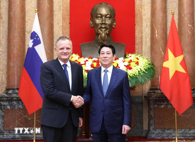 Chủ tịch nước Lương Cường tiếp Đại sứ Slovenia tại Việt Nam Bostjan Malovrh đến trình Quốc thư. (Ảnh: Lâm Khánh/TTXVN).