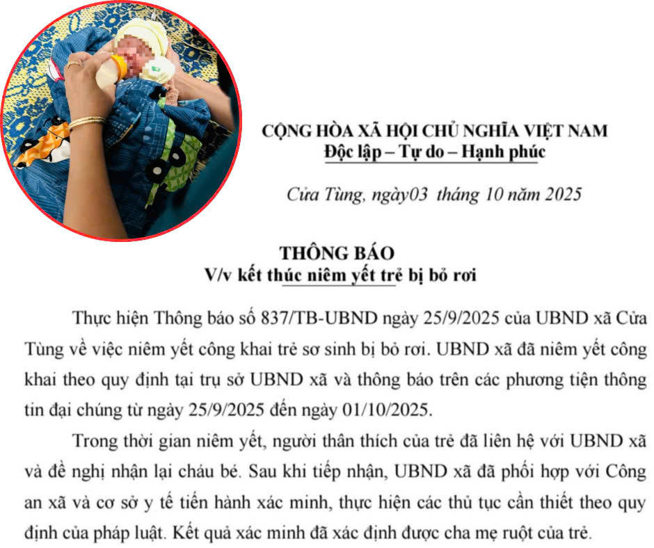 UBND xã Cửa Tùng ra thông báo về việc kết thúc niêm yết trẻ
bị bỏ rơi. Ảnh: CTV.