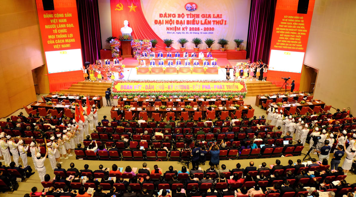 Quang cảnh Đại hội đại biểu Đảng bộ tỉnh Gia Lai lần thứ
I, nhiệm kỳ 2025-2030. Ảnh: Đình Sang.