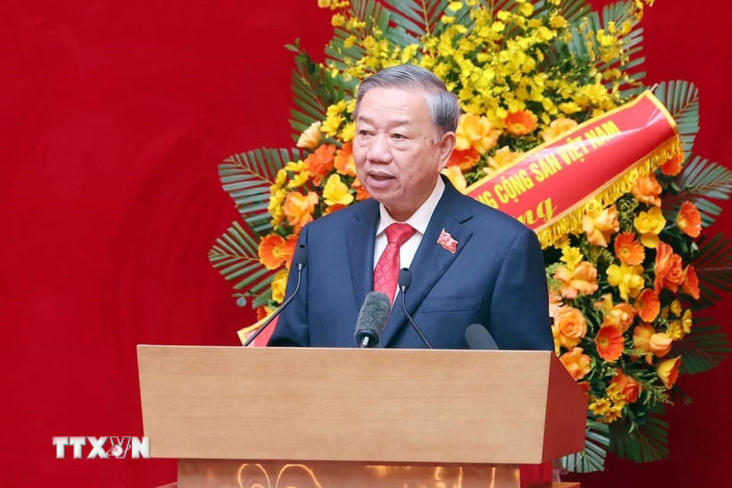 Tổng Bí thư Tô Lâm phát biểu tại Đại hội đại biểu Đảng bộ Công an Trung ương lần thứ VIII, nhiệm kỳ 2025 - 2030. (Ảnh: Thống Nhất/TTXVN).