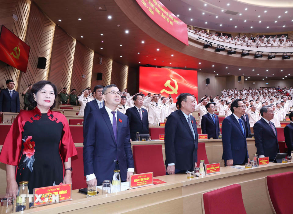 Các đại biểu thực hiện nghi lễ chào cờ. (Ảnh: Thống Nhất/TTXVN)