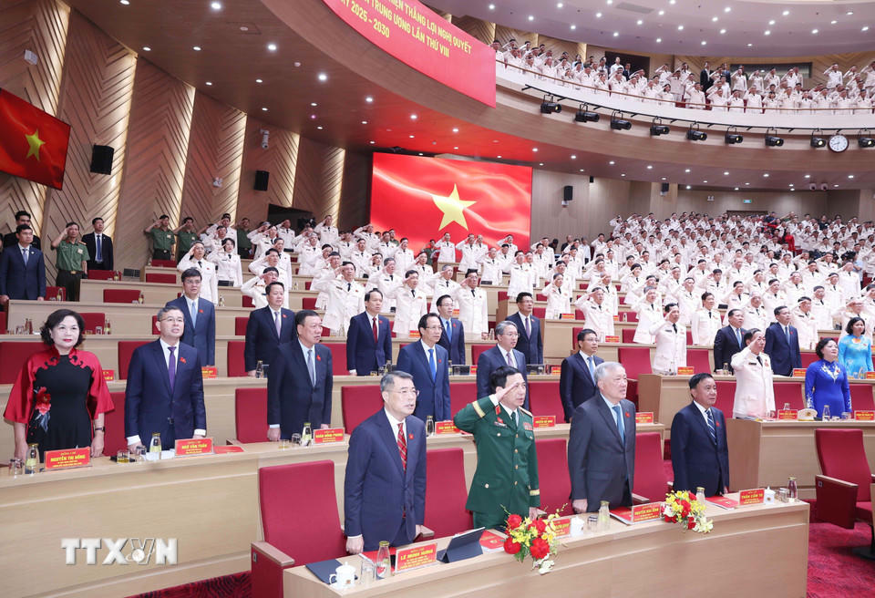 Các đại biểu thực hiện nghi lễ chào cờ. (Ảnh: Thống Nhất/TTXVN)