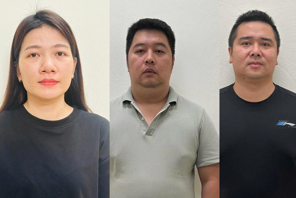 Từ trái qua phải: Nguyễn Thị Thoa (trợ lý Hường), Nguyễn Duy Khánh (em rể Hường) và Nguyễn Hoài Nam (em rể Hường). Ảnh: Bộ Công an.