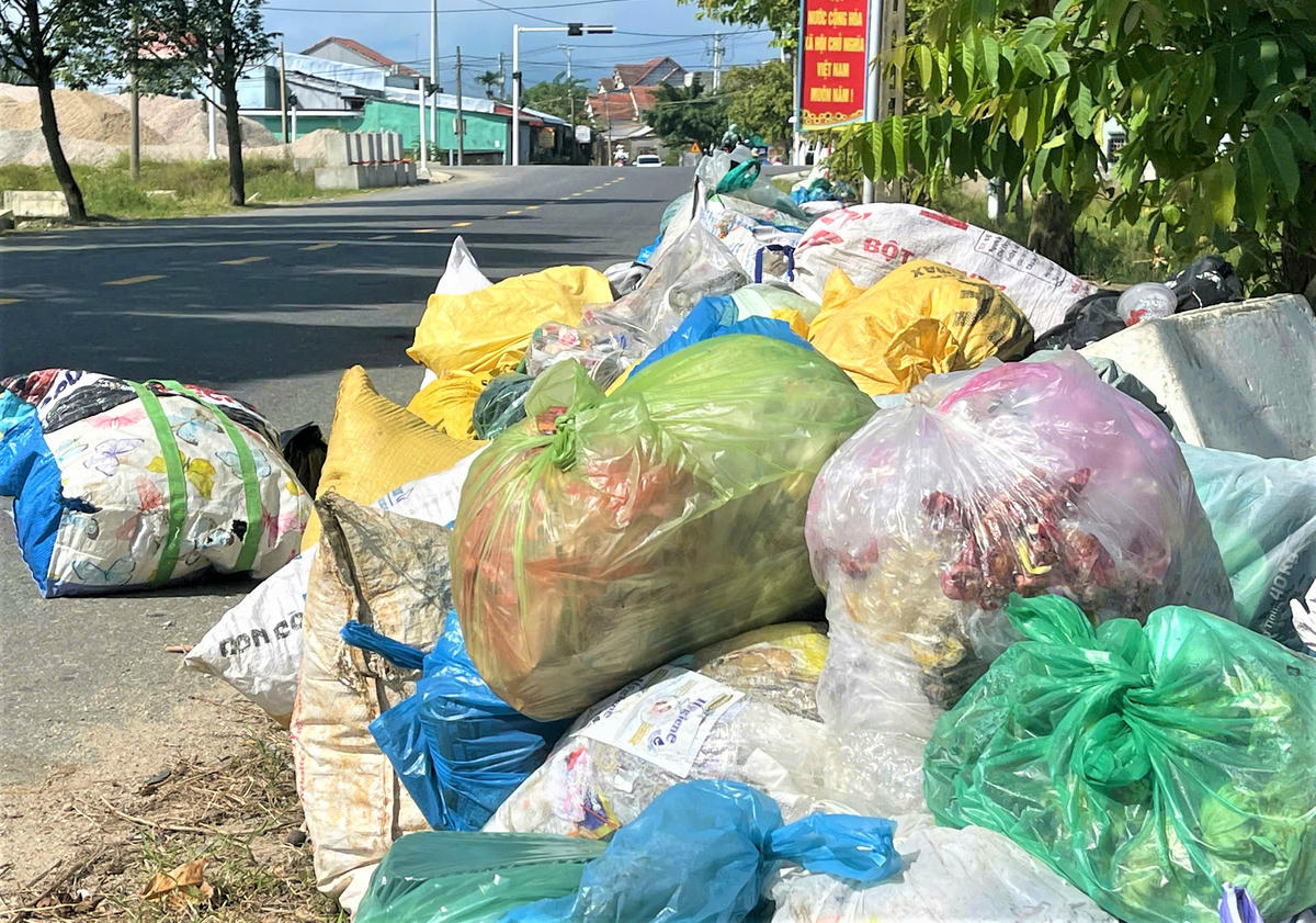 Nhiều bao rác
người dân xã Hà Nha chất thành đống lớn. Ảnh: Nguyễn Tín.