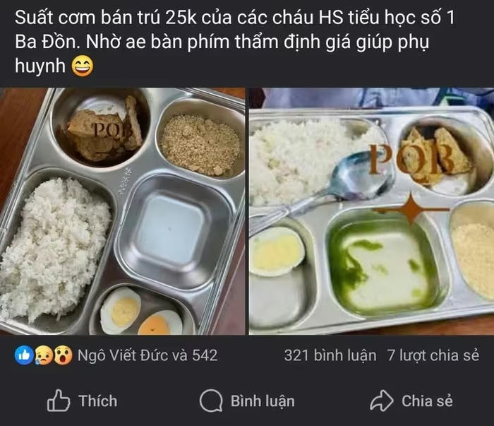 Khay cơm được cho là phần ăn bán trú tại Trường Tiểu học số 1 Ba Đồn. (Ảnh chụp màn hình).
