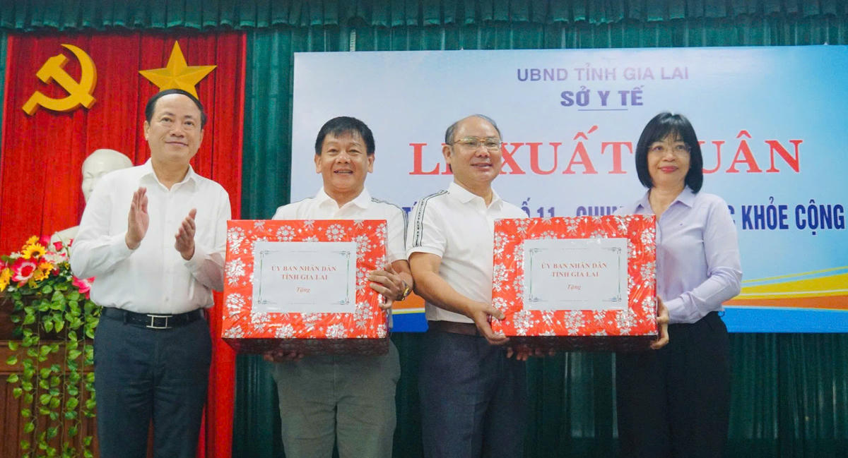 Chủ tịch UBND tỉnh Gia Lai Phạm Anh Tuấn (bên trái) tặng quà động viên đại diện đoàn y tế. Ảnh: CV.
