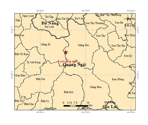 Vị trí tâm chấn động đất 4.2 độ richter ở xã Măng Bút. Ảnh: Viện Các khoa học Trái đất.