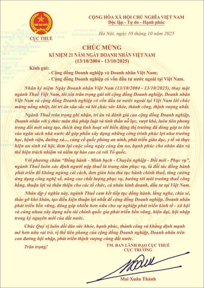 Thư chúc mừng của ngành Thuế. Ảnh: GDT.