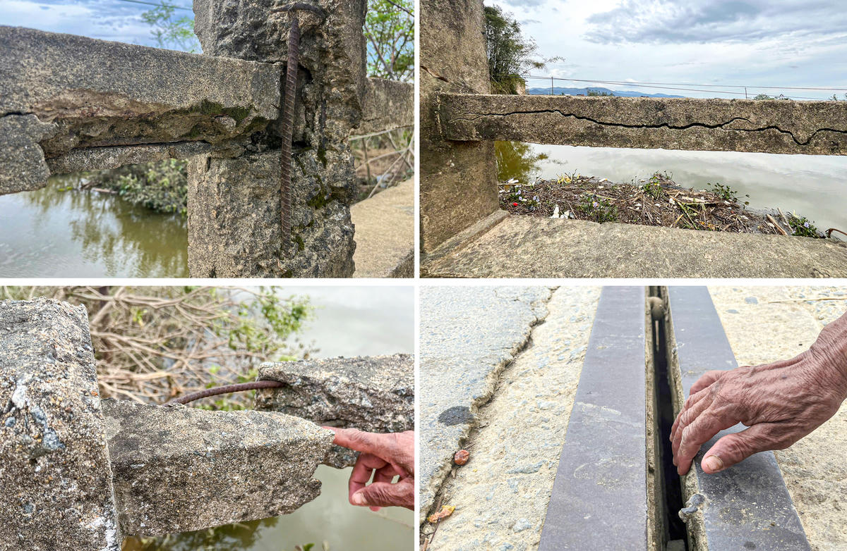 Bê tông thành cầu bong tróc, nhiều vị trí lộ cốt thép hoen gỉ, hai bên mố, lan can gãy đổ hoàn toàn. Tại vị trí tiếp giáp giữa nhịp cầu và mố cầu, khe co giãn bị hở rộng khoảng 3 cm, khiến bề mặt cầu mất liên kết. Ảnh: Cẩm Kỳ