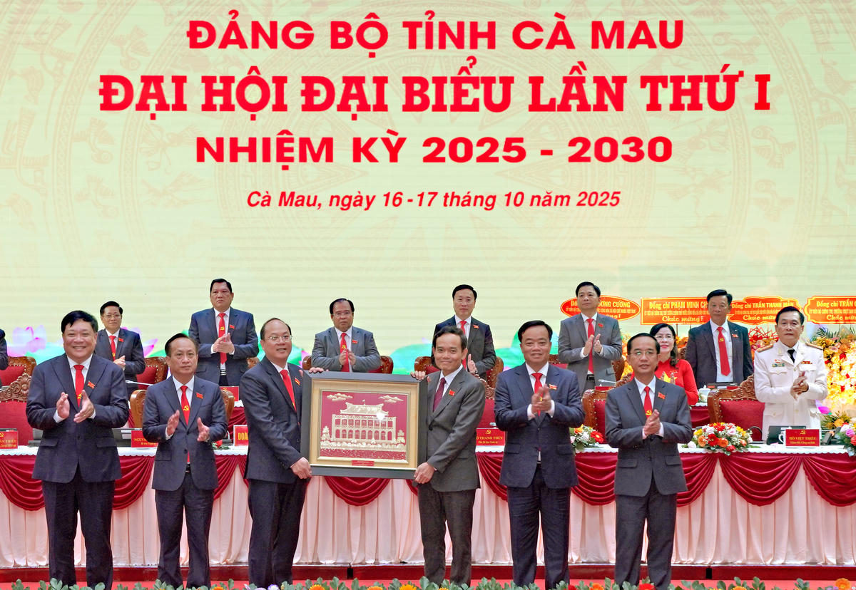 Bí thư Trung ương Đảng, Bí thư Thành ủy TP Hồ Chí Minh Trần Lưu Quang tặng bức tranh Bến Nhà Rồng cho Đại hội đại biểu Đảng bộ tỉnh Cà Mau.&nbsp;Ảnh BTC.