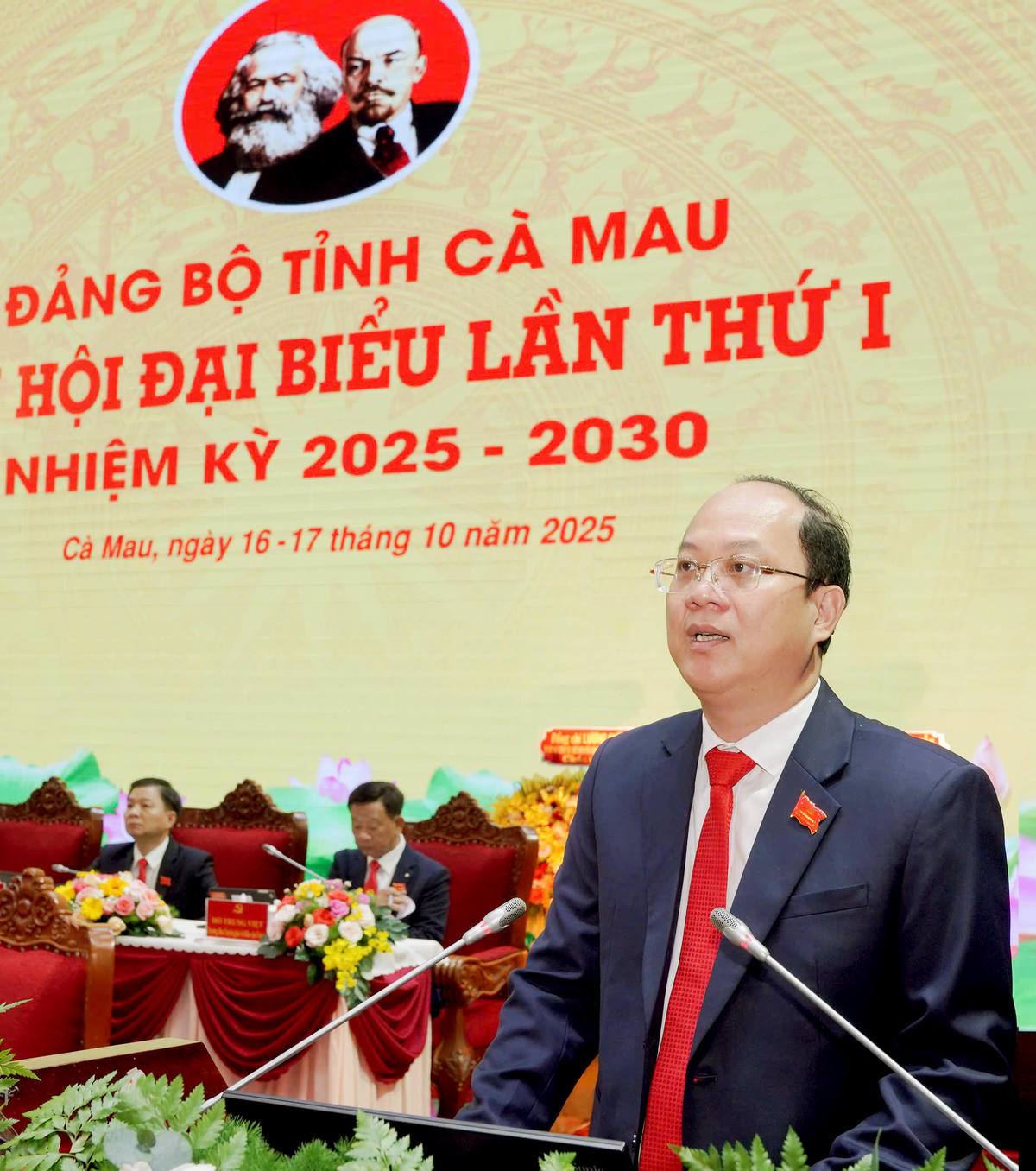 Bí thư Tỉnh ủy Cà Mau Nguyễn Hồ Hải phát biểu tại Đại hội đại biểu Đảng bộ tỉnh Cà Mau lần thứ I, nhiệm kỳ 2025-2030. Ảnh BTC.