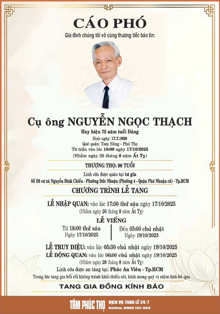 Cáo phó nguyên Tổng Biên tập Nguyễn Ngọc Thạch. Ảnh: GĐCC.