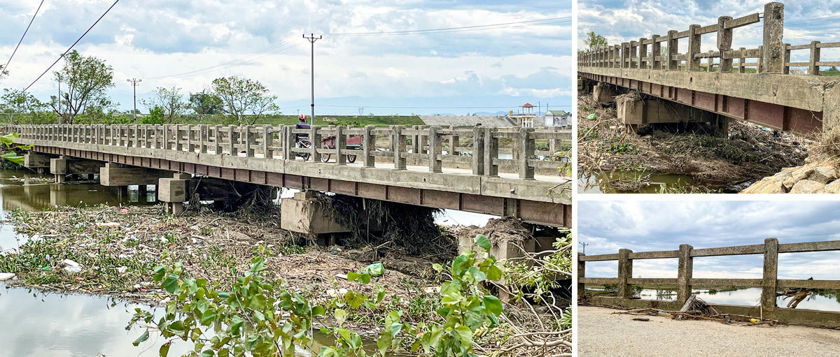 Sau trận lũ đầu tháng 10, rác từ thượng nguồn tấp dày đặc gầm cầu, quấn quanh các trụ chính và mố. Dòng chảy bị bó hẹp, nước xoáy mạnh vào chân trụ khiến nguy cơ xói lở, sập móng càng lớn. Ảnh: Cẩm Kỳ