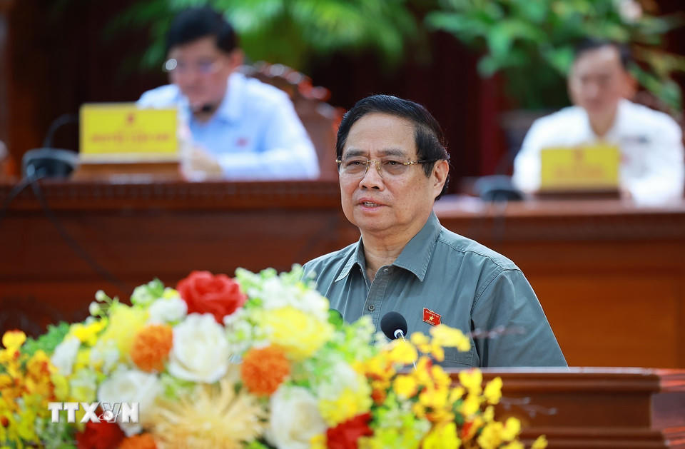 Thủ tướng Phạm Minh Chính phát biểu tại hội nghị tiếp xúc cử tri thành phố Cần Thơ trước Kỳ họp thứ 10, Quốc hội khóa XV. (Ảnh: Dương Giang/TTXVN).