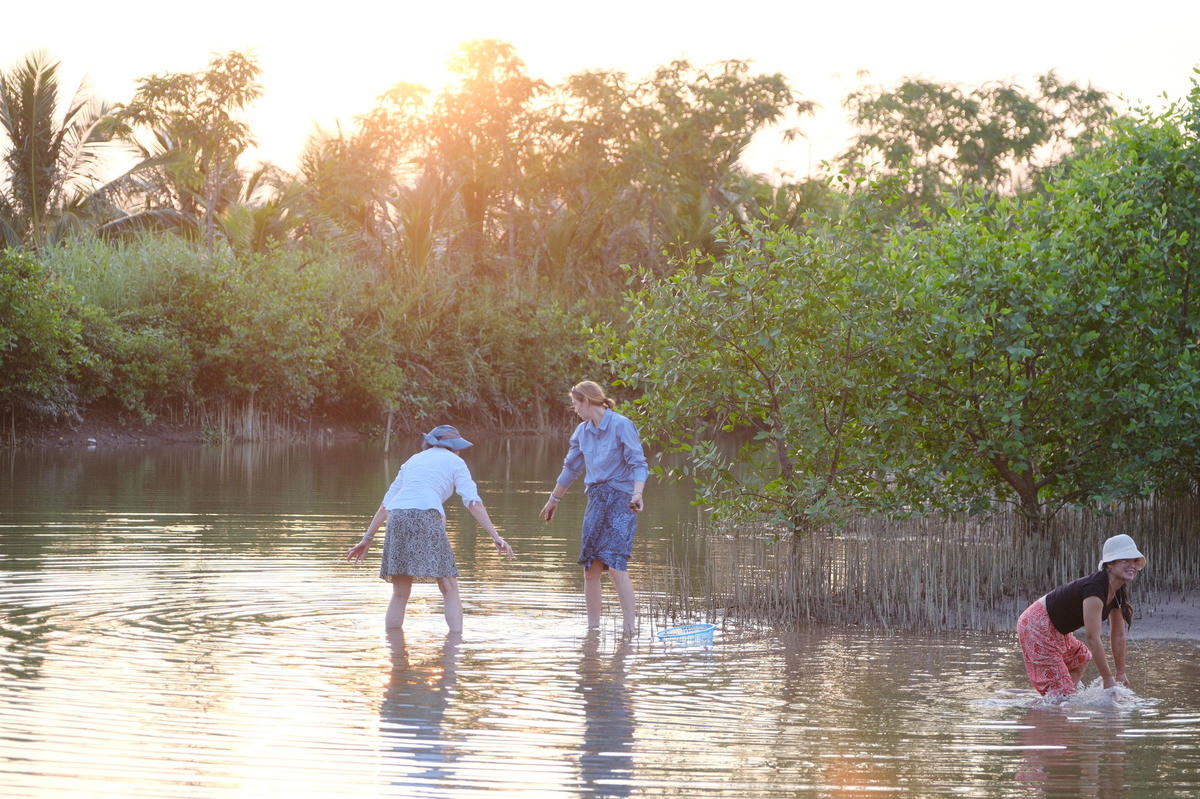 Du khách nước ngoài trải nghiệm mò ngao ở vùng đệm Vườn quốc gia Xuân Thủy (tỉnh Ninh Bình). Ảnh: Phương Lan