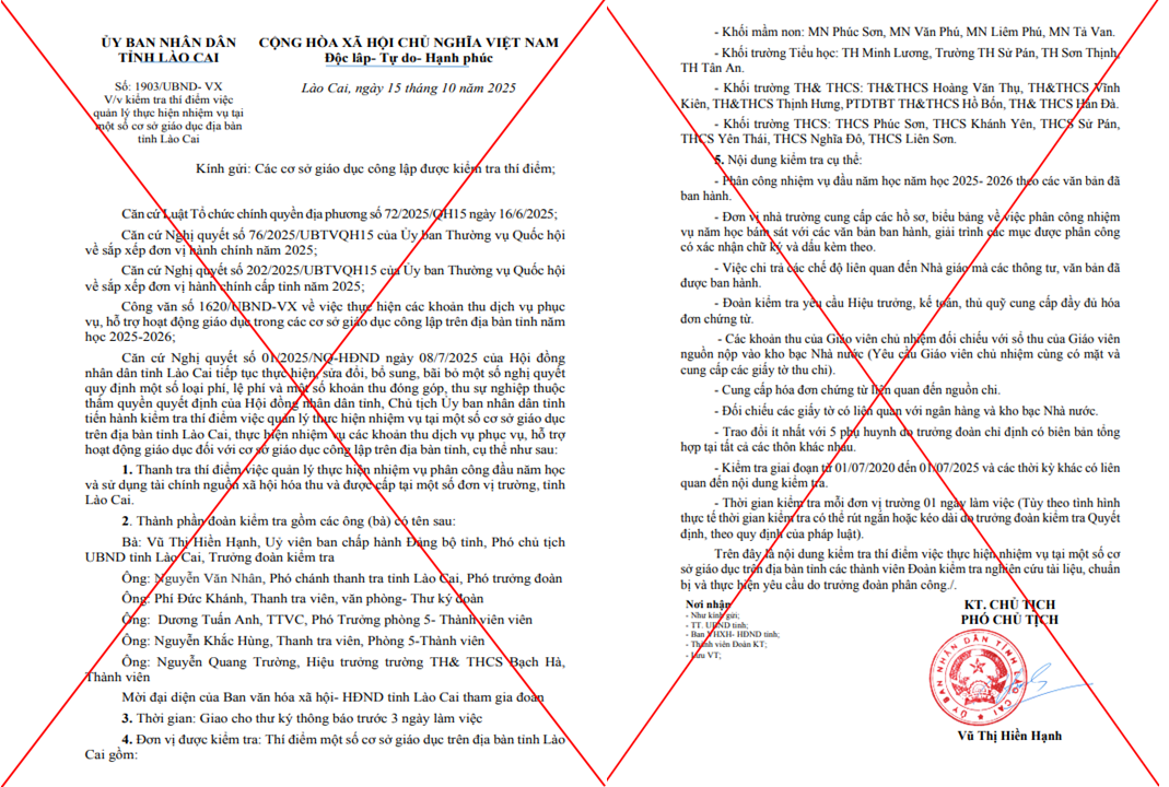 Văn bản giả mạo. Ảnh: Cổng thông tin tỉnh Lào Cai.