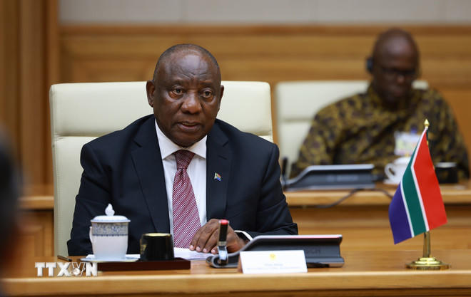 Tổng thống Cộng hòa Nam Phi Matamela Cyril Ramaphosa phát biểu. (Ảnh: Dương Giang/TTXVN)